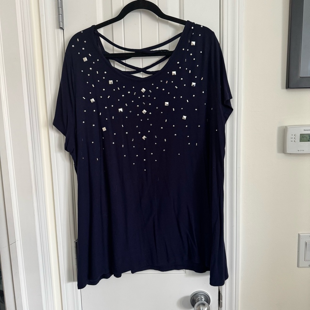 Belldini Navy Short Sleeve Top with Embellishments
